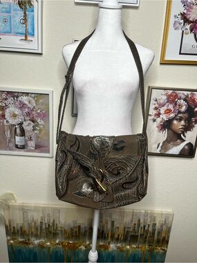 Women's Vintage NAS Brown Embossed Leather Shoulder Bag